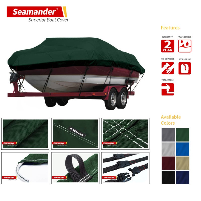 Seamander Waterproof Boat Cover, Solution-Dyed Yarn Marine Grade Cover Fits 14' to 16' ft Bass, V-Hull, Tri-Hull, Fish & Ski, Runabout Bowrider Boats - Heavy Duty Canvas Forest Green 90"" Width - Image 2